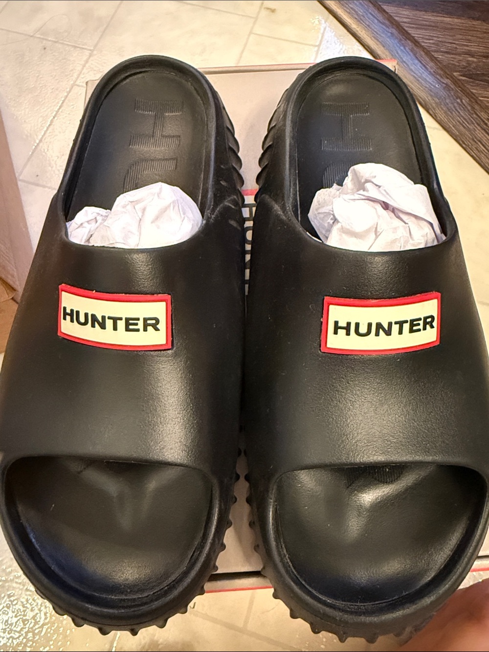 Hunter Black Slide Sandals with Red Trim Logo